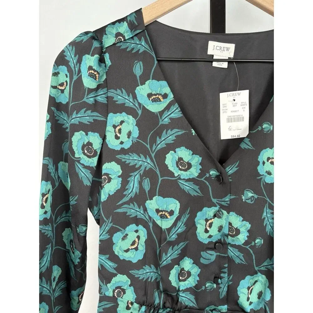 J. Crew Satin Back Crepe Button-front Blouse 0 Black Green Floral V-Neck NWT - Picture 3 of 12